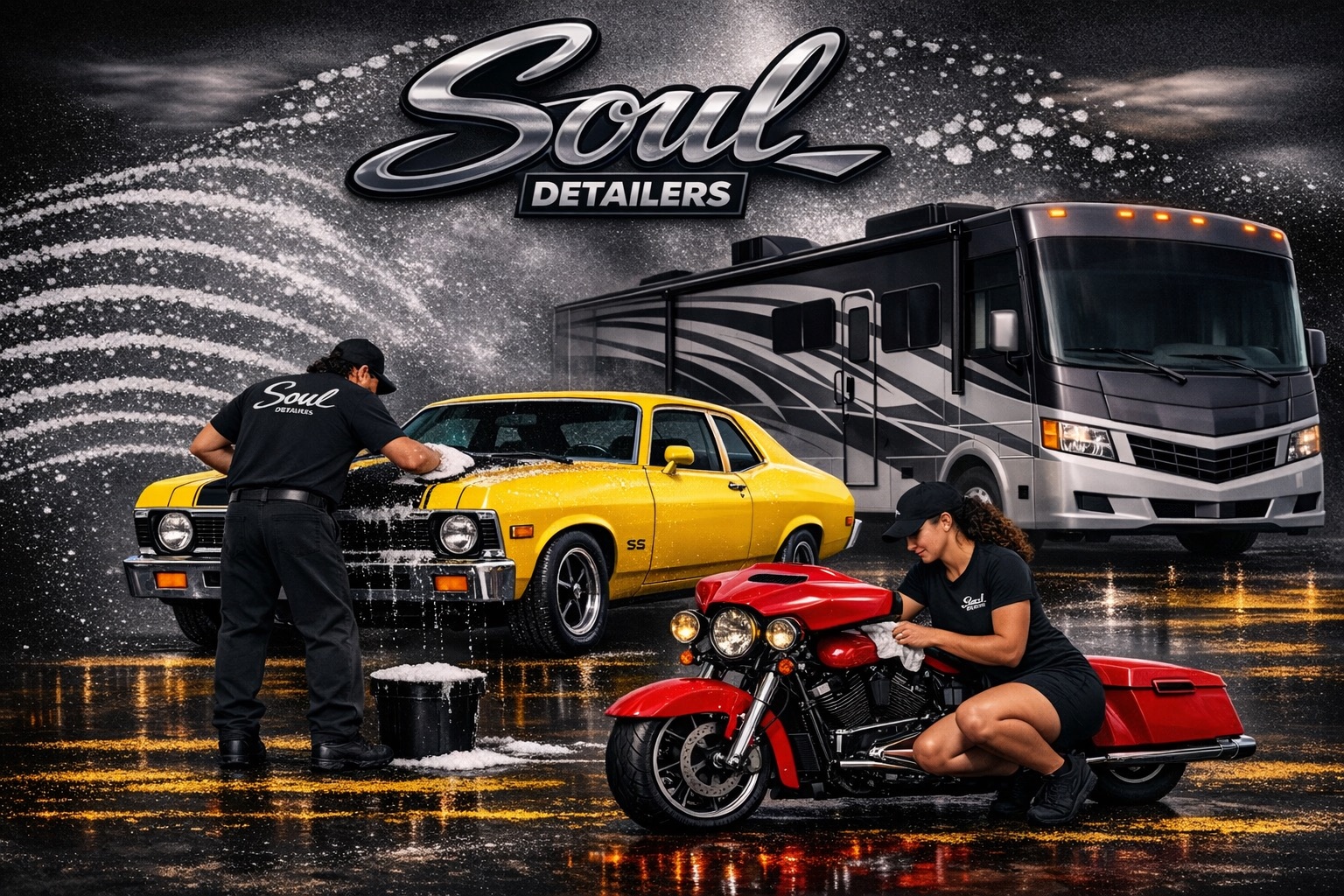 Soul Detailers team detailing a muscle car, motorcycle, and RV in Rapid City, SD