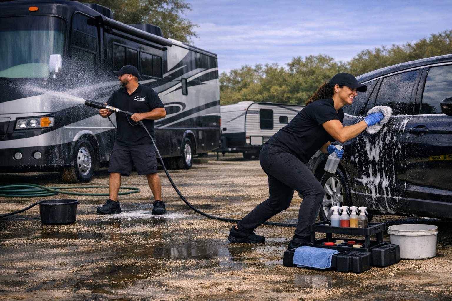 Soul Detailers team washing an RV and SUV on-location in the Black Hills